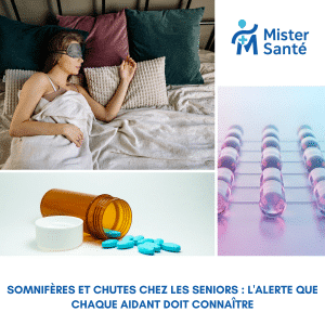 Une aidante rassurée avec sa mère âgée portant un dispositif de téléassistance pour la prévention des chutes liées aux somnifères.