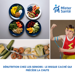 Infographie présentant des assiettes équilibrées et un homme mesurant son bras pour illustrer les risques de dénutrition chez les seniors. Note : Intègre le mot-clé naturellement tout en décrivant l'aspect humoristique et informatif pour l'accessibilité.